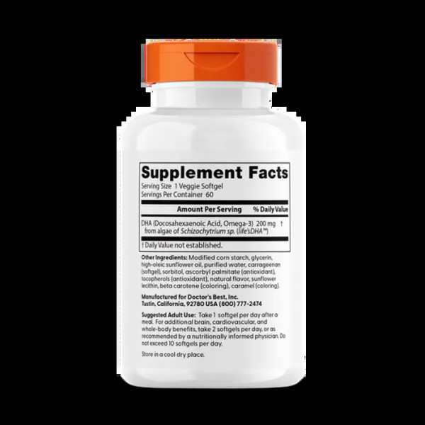 Омега-3 з водоростей, ДГК, Vegan DHA from Algae with Life's DHA, Doctor's Best, веган, 200 мг, 60 гелевих капсул
