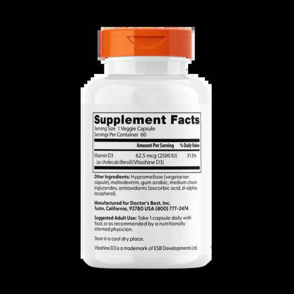 Витамин D3, Vitamin D3, Doctor's Best, веган, 62,5 мкг (2500 МЕ), 60 веганских капсул