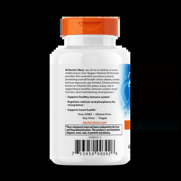 Витамин D3, Vitamin D3, Doctor's Best, веган, 62,5 мкг (2500 МЕ), 60 веганских капсул