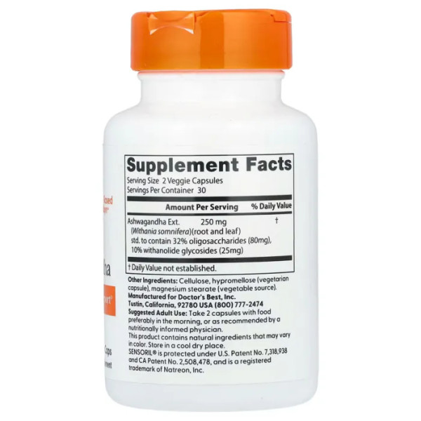 Ашваганда, Ashwagandha, Doctor's Best, 250 мг, 60 веганських капсул (125 мг у капсулі)