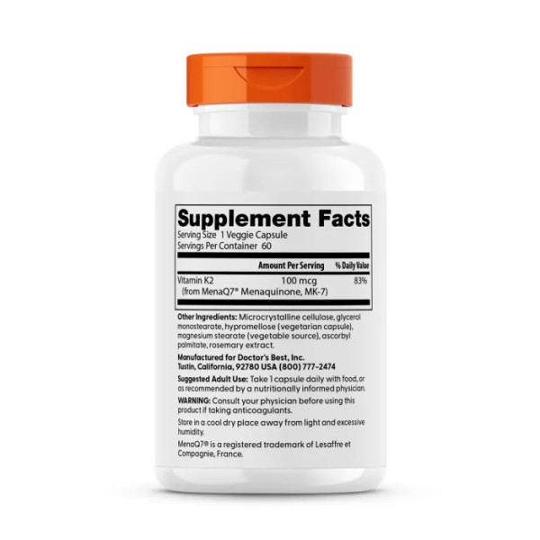 Вітамін К2, МК-7, з MenaQ7, Vitamin K2 MK-7 with MenaQ7, Doctor's Best, 100 мкг, 60 веганських капсул