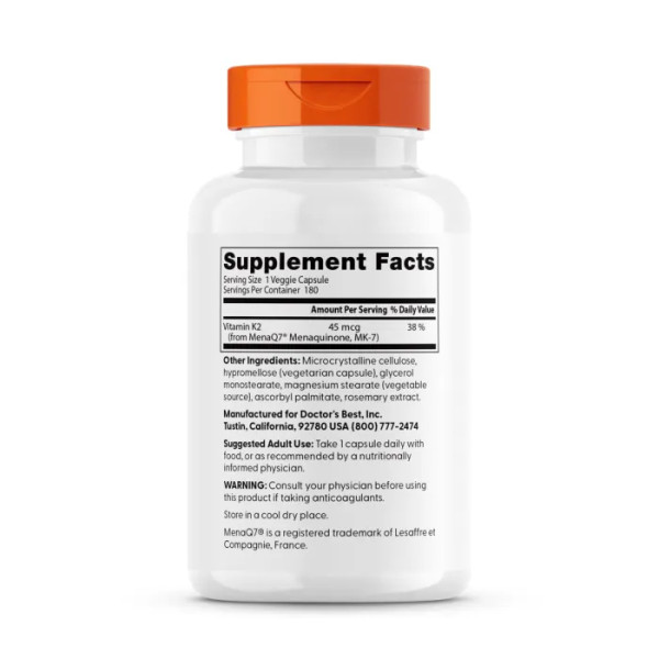 Витамин К2 (Vitamin K2, Mena Q7), Doctor's Best, 45 мкг, 180 капсул