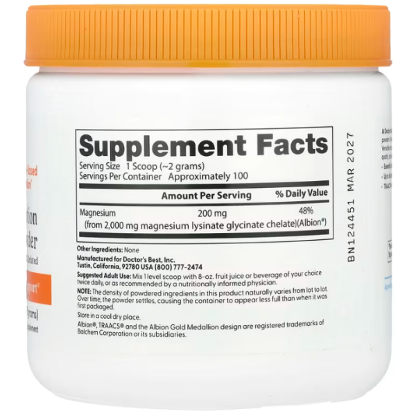 Магній хелат, Magnesium with TRAACS, Doctor's Best, порошок, 200 грам