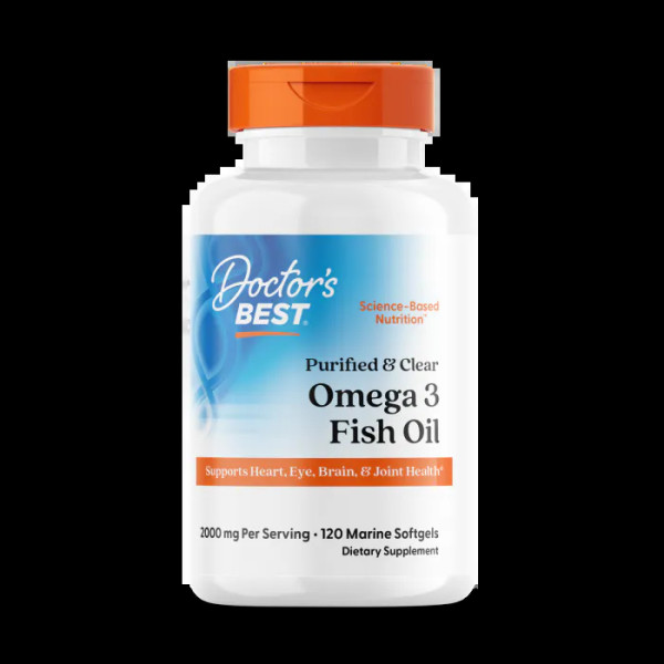 Риб'ячий жир омега-3, Purified & Clear Omega 3 Fish Oil with Goldenomega, Doctor's Best, очищений і прозорий, 2000 мг, 120 м'яких капсул з морською водою (1000 мг на капсулу)