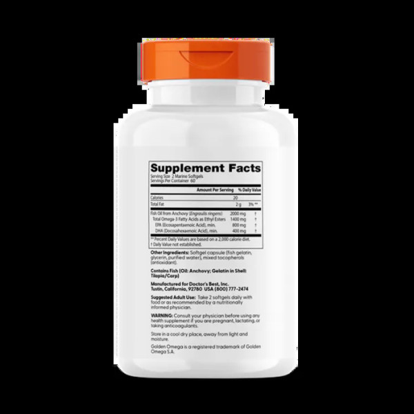 Риб'ячий жир омега-3, Purified & Clear Omega 3 Fish Oil with Goldenomega, Doctor's Best, очищений і прозорий, 2000 мг, 120 м'яких капсул з морською водою (1000 мг на капсулу)