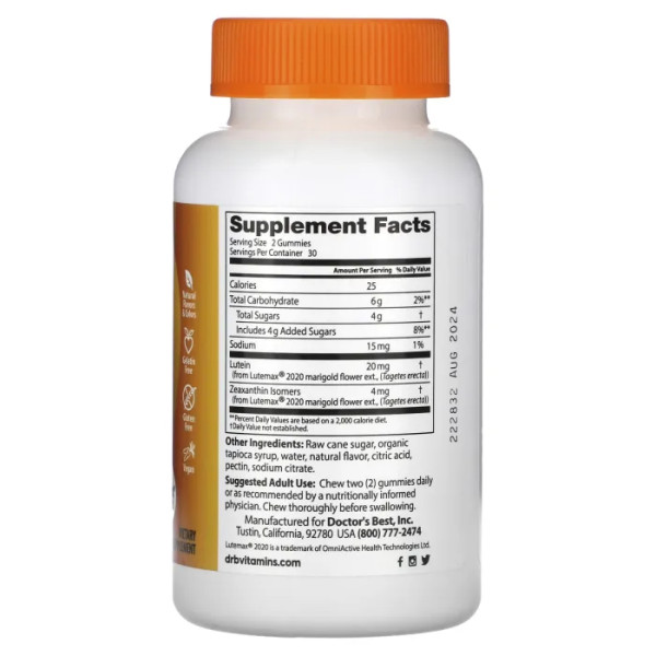 Лютеїн та Зеаксантін, Lutein & Zeaxanthin Gummies, Doctor's Best, зі смаком манго, 60 жувальних цукерок