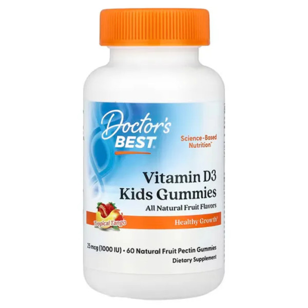 Вітамін D3 для дітей Doc's Kids, Vitamin D3 Gummies, Doctor's Best, повністю натуральні фрукти, 25 мкг (1000 МО), 60 жувальних цукерок