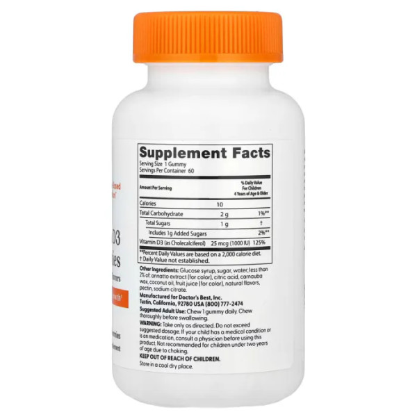 Вітамін D3 для дітей Doc's Kids, Vitamin D3 Gummies, Doctor's Best, повністю натуральні фрукти, 25 мкг (1000 МО), 60 жувальних цукерок