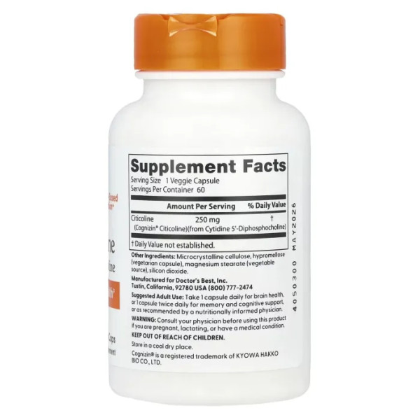Цитіколін, Citicoline, Doctor's Best, 250 мг, 60 рослинних капсул
