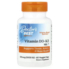 Витамин K2 MK7 с витамином D3 100 мкг, Doctor's Best Natural Vitamin K2 Plus D3 with MK-7, 60 растительных капсул