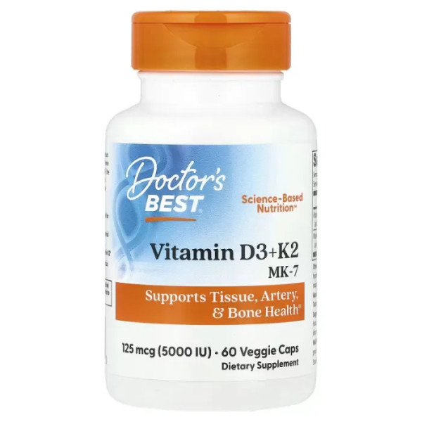 Вітамін K2 (MK-7) плюс D3, Natural Vitamin K2 Plus D3 з MK-7, Doctor's Best, 100 мкг, 60 вегетаріанських капсул