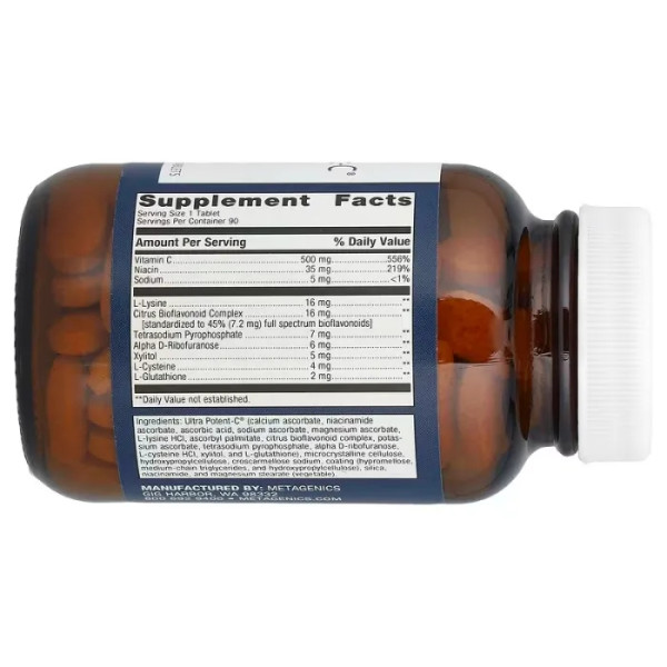 Витамин С, буферизированный, Ultra Potent-C, Metagenics, для поддержания иммунитета и предотвращения расстройства желудка, 500 мг, 90 таблеток
