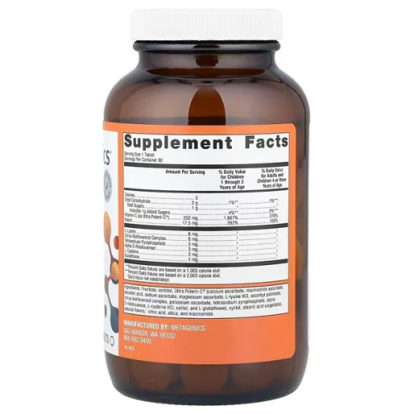 Вітамін С, Ultra Potent-C, Metagenics, для підтримки імунітету, смак апельсина, 90 жувальних таблеток