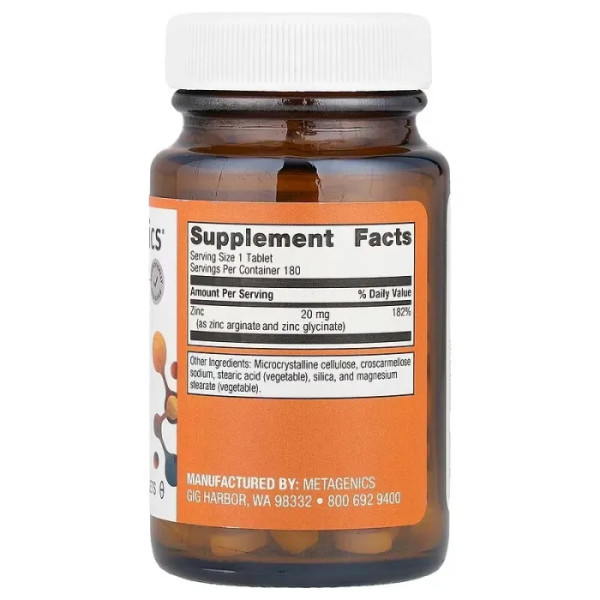 Цинк, Zinc A.G., Metagenics, для підтримки імунітету, здоров'я кісток та енергетичного обміну, високозасвоюваний аргінат та гліцинат цинку, 20 мг, 180 таблеток