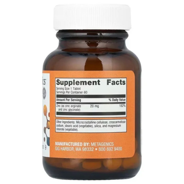 Цинк, Zinc A.G., Metagenics, для підтримки імунітету, здоров'я кісток та енергетичного обміну, високозасвоюваний аргінат та гліцинат цинку, 20 мг, 60 таблеток