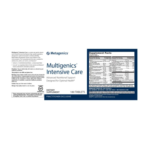 Мультивитамины и минералы с железом, Multigenics Intensive Care, Metagenics, для интенсивной терапии на каждый день с кверцетином, бета-каротином, аскорбиновой кислотой и многим другим, 180 таблеток