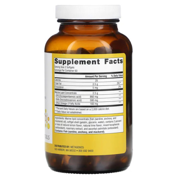 Омега-3 риб'ячий жир, OmegaGenics EPA-DHA, Metagenics, для здоров'я серця, опорно-рухового апарату та імунної системи з DHA та EPA, смак лимон-лайма, 720 мг, 120 гелевих капсул