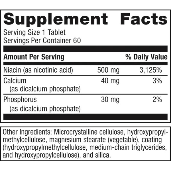 Ниацин, Niatain, Metagenics, сниженный прилив крови к лицу, 500 мг, 60 таблеток