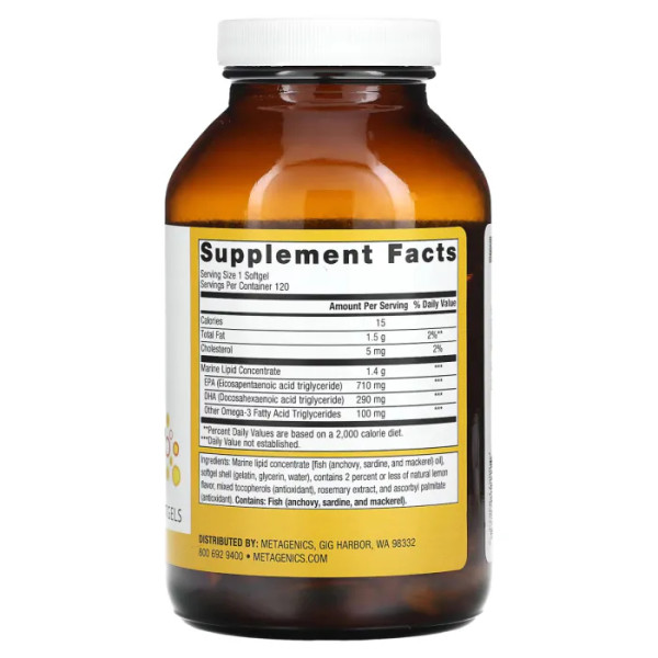 Омега-3, OmegaGenics EPA-DHA, Metagenics, для підтримки здоров'я серцево-судинної, скелетно-м'язової та імунної систем, зі смаком лимона, 1000 мг, 120 гелевих капсул