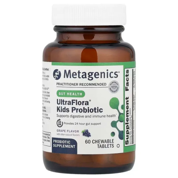 Пробіотики для дітей, UltraFlora Kids Probiotic, Metagenics, для здоров'я травної системи та імунітету, для дітей від 3 років, 10 млрд. КУО, смак винограду, 60 жувальних таблеток