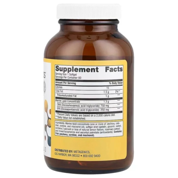 Омега-3, OmegaGenics Neuro 1000, Metagenics, підтримка серцево-судинної, когнітивної та зорової систем, зі смаком лимона, 1000 мг, 60 гелевих капсул