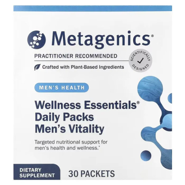 Мультивітаміни для чоловіків, Wellness Essentials Men's Vitality, Metagenics, щоденний набір для підтримки здоров'я серця з вітамінами A, C, D, E та жирними кислотами омега-3, 30 пакетиків