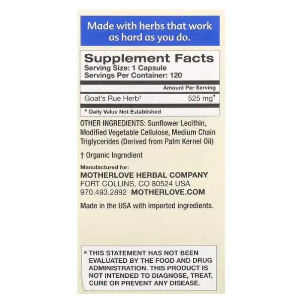 Козлятник лікарський, Goat's Rue, Motherlove, годування груддю, 120 рідких капсул (525 мг на капсулу)