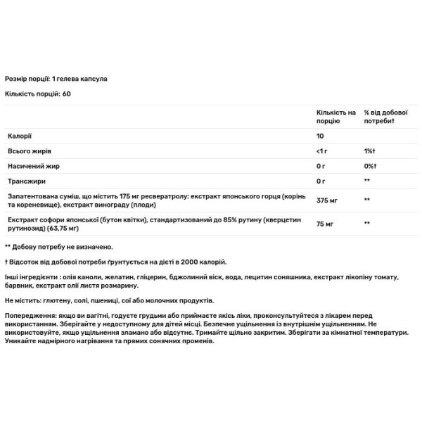 Ресвератрол-Форте, Resveratrol~Forte, Nature's Way, 175 мг, 60 гелевих капсул