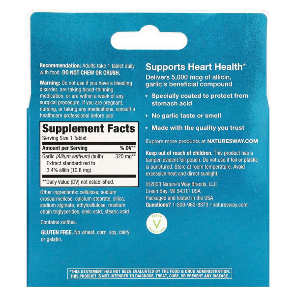 Часник, Garlinase 5000, Nature's Way, 320 мг, 100 веганських таблеток, покритих кишковорозчинною оболонкою