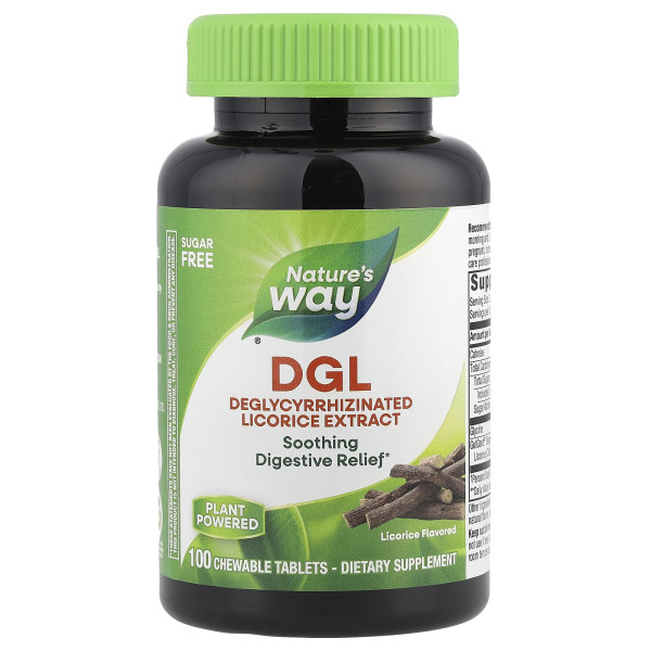 Солодка, екстракт кореня, DGL, Deglycyrrhizinated Licorice Extract, Nature's Way, 100 жувальних таблеток