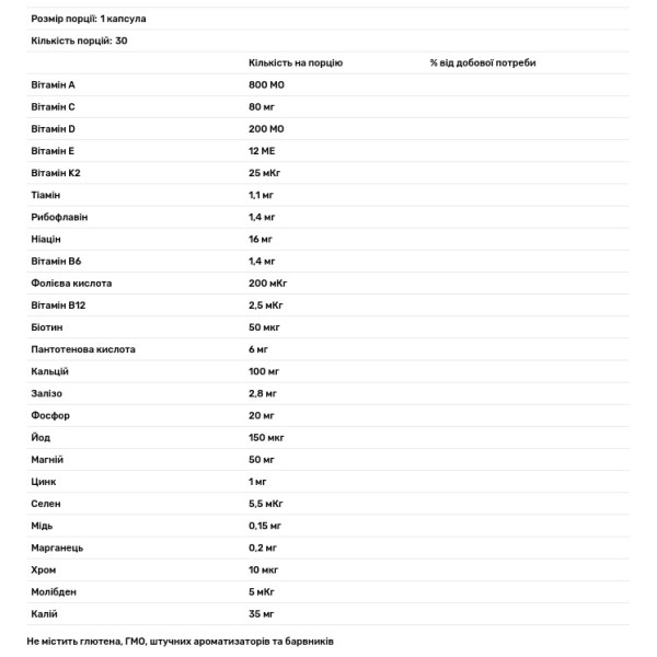 Мультивітаміни з вітаміном К2, MULTIVIT 25 Vitamins and Minerals+Vitamin K2, Swiss Energy, 25 вітамінів та мінералів, 30 капсул