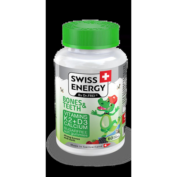 Здоров'я кісток та зубів, для дітей від 3 років, BONES & TEETH Vitamins K2, D3, Calcium, Swiss Energy, без цукру, 60 жувальних цукерок