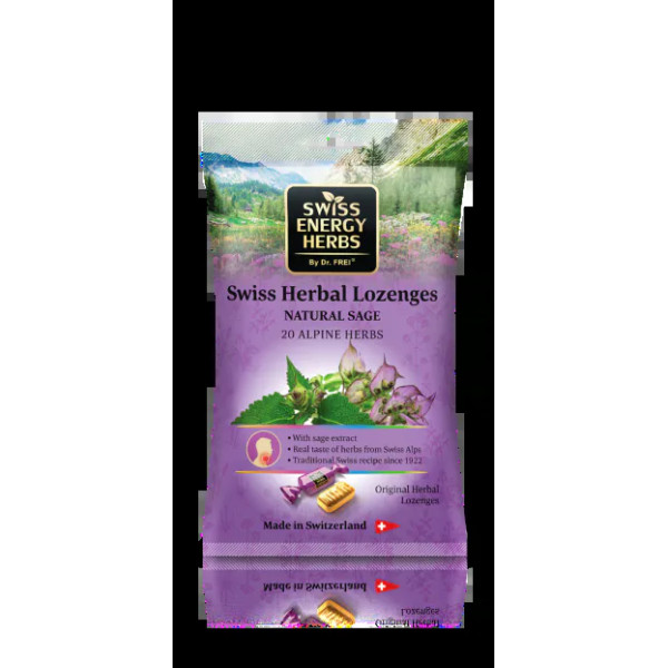 Льодяники від застуди, Herbal Lozenges Bag 20 herbs + Sage, Swiss Energy, від кашлю, болю в горлі та закладеності носа, 20 альпійських трав і шавлії, 12 трав'яних льодяників (55 г)
