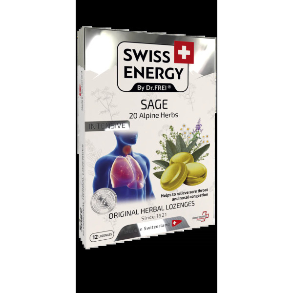 Льодяники від застуди, Herbal Lozenges Blister 20 herbs + Sage, Swiss Energy, від кашлю, болю в горлі та закладеності носа, 20 альпійських трав і шавлії, 12 трав'яних льодяників