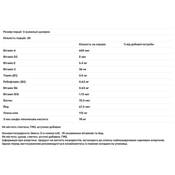 Мультивітаміни з Омега-3 та йодом, для дітей від 3 років, OMEGA-3 MULTIVIT kids, Swiss Energy, без цукру, для мозку, очей, імунної та нервової системи, 60 жувальних цукерок