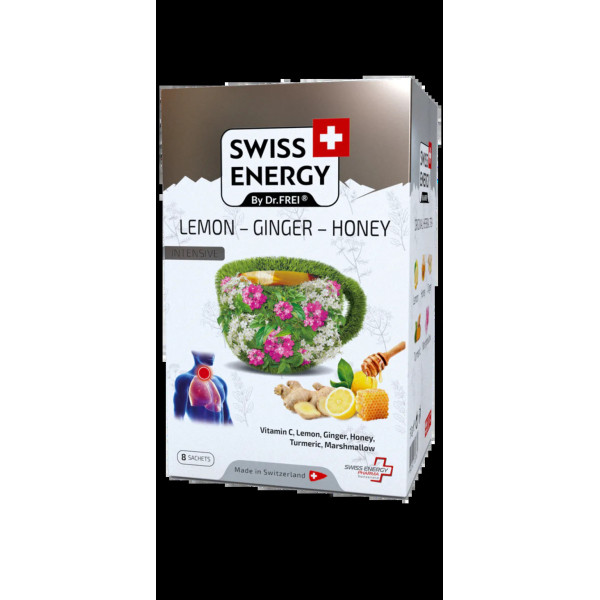Чай від застуди, Herbal tea LEMON - GINGER - HONEY, Swiss Energy, від кашлю, болю в горлі та закладеності носа, альпійські трави, лимон, імбир та мед, 8 пакетиків
