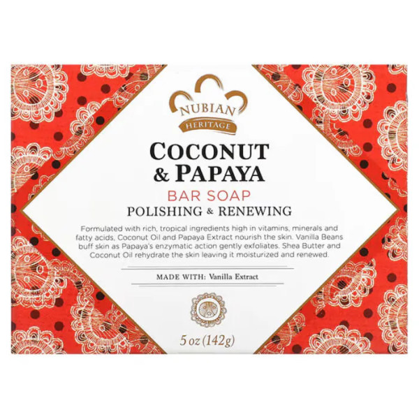 Мило з кокосом та папаєю, Coconut & Papaya Bar Soap, Nubian Heritage, 142 гр.