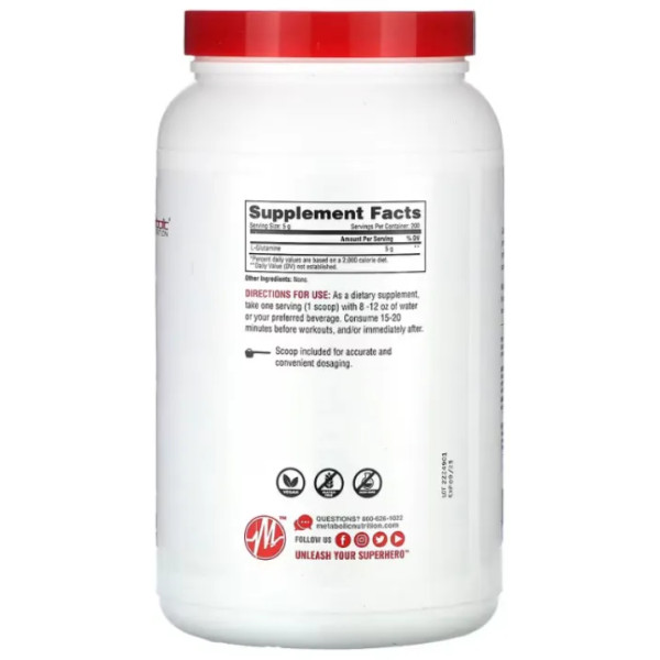 L-глютамін, чистий фармацевтичний сорт, L-Glutamine, Metabolic Nutrition, без смаку, порошок, 1000 г