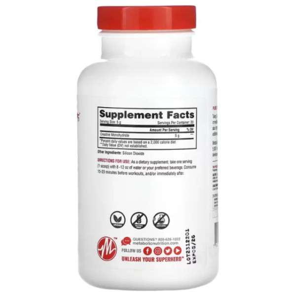 Креатин моногідрат, Creatine, Metabolic Nutrition, чистий фармацевтичний сорт, без смаку, 5000 мг, 100 гр