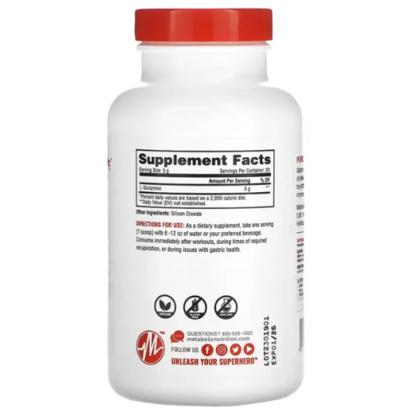 L-глютамін, чистий фармацевтичний сорт, L-Glutamine, Metabolic Nutrition, без смаку, порошок, 100 г