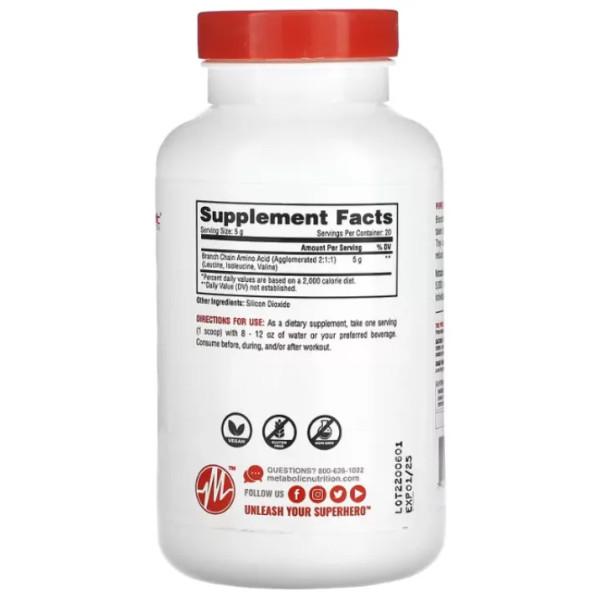 Амінокислоти BCAA, BCAA, Metabolic Nutrition, без смаку, 5000 мг, 100 гр
