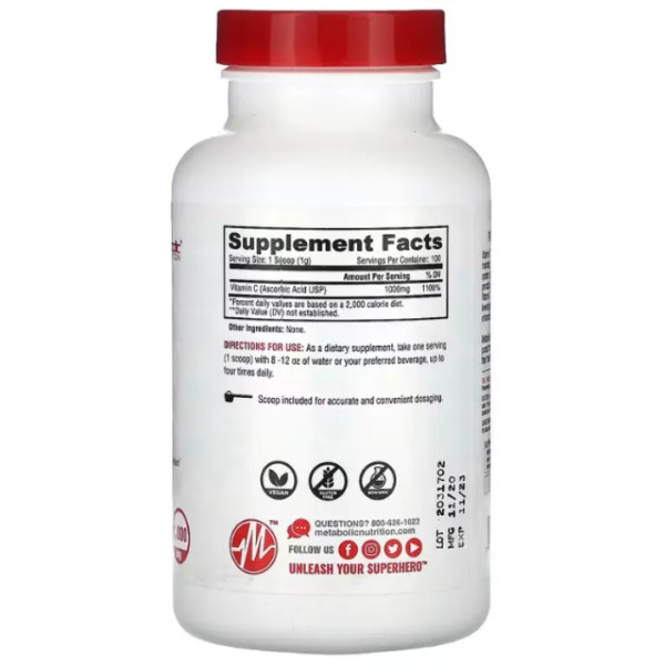 Вітамін С, Vitamin-C, Metabolic Nutrition, без смаку, порошок, 1000 мг, 100 гр