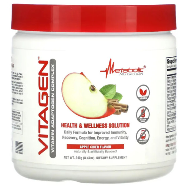 Вітаміни, мінерали та адаптогени, VitaGen, Metabolic Nutrition, для покращення імунітету, відновлення когнітивних здібностей та енергії, смак яблучний сидр, порошок, 240 г