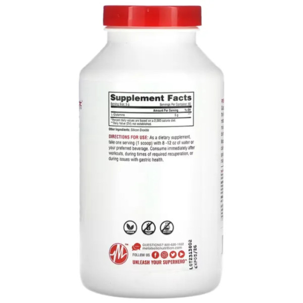 L-глютамін, чистий фармацевтичний сорт, L-Glutamine, Metabolic Nutrition, без смаку, порошок, 300 г