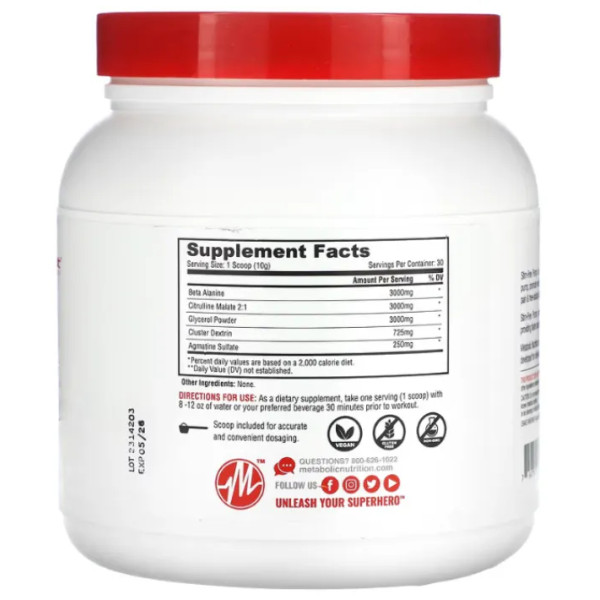 Передтренувальна формула без стимуляторів, Stim-Free Pump, Metabolic Nutrition, збільшує м'язову масу, без смаку, 300 г