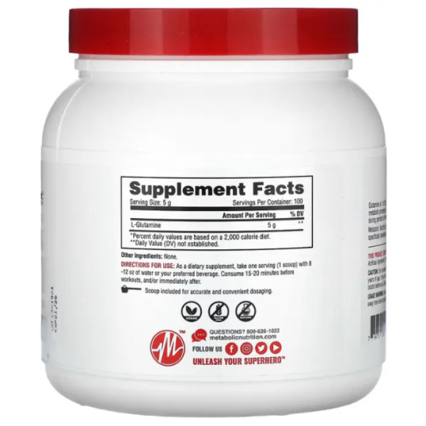 L-глютамін, чистий фармацевтичний сорт, L-Glutamine, Metabolic Nutrition, без смаку, порошок, 500 г