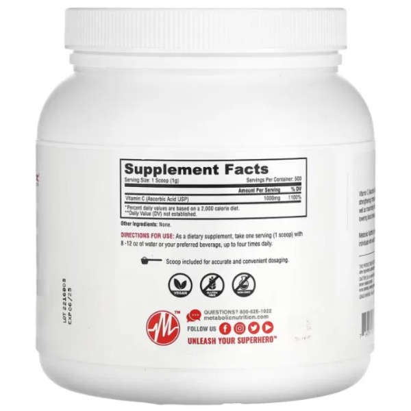 Вітамін С, Vitamin-C, Metabolic Nutrition, без смаку, порошок, 1000 мг, 500 гр