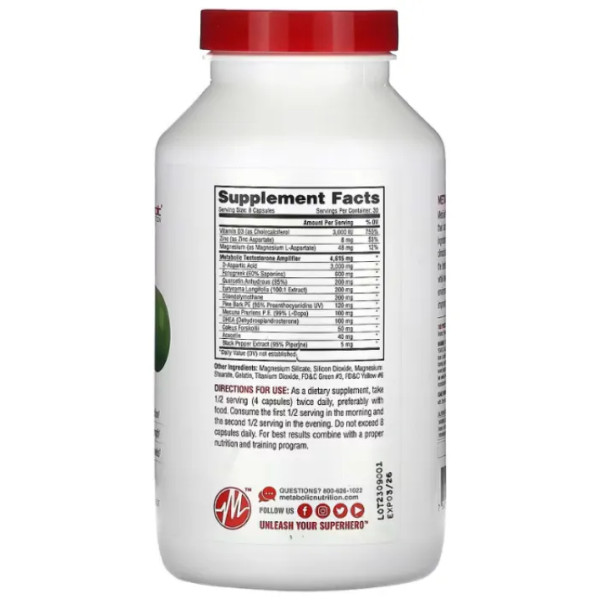 Підсилювач тестостерону, Metatest, Metabolic Nutrition, покращує сексуальне здоров'я та лібідо, збільшує м'язову масу та силу, 240 капсул