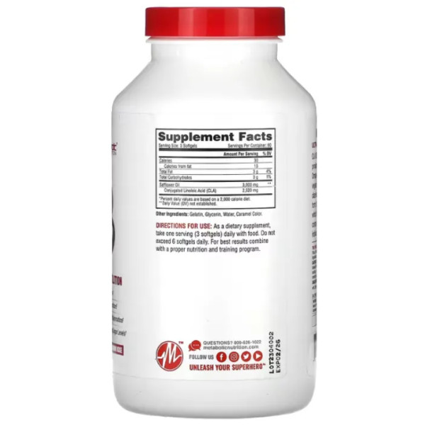Кон'югована лінолева кислота, CLA 3000, Metabolic Nutrition, для схуднення, 3000 мг, 180 гелевих капсул (1000 мг в одній гелевій капсулі)
