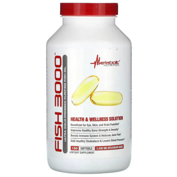 Риб'ячий жир з печінки тріски, Fish 3000, Metabolic Nutrition, 3000 мг, 180 гелевих капсул (1000 мг в одній гелевій капсулі)